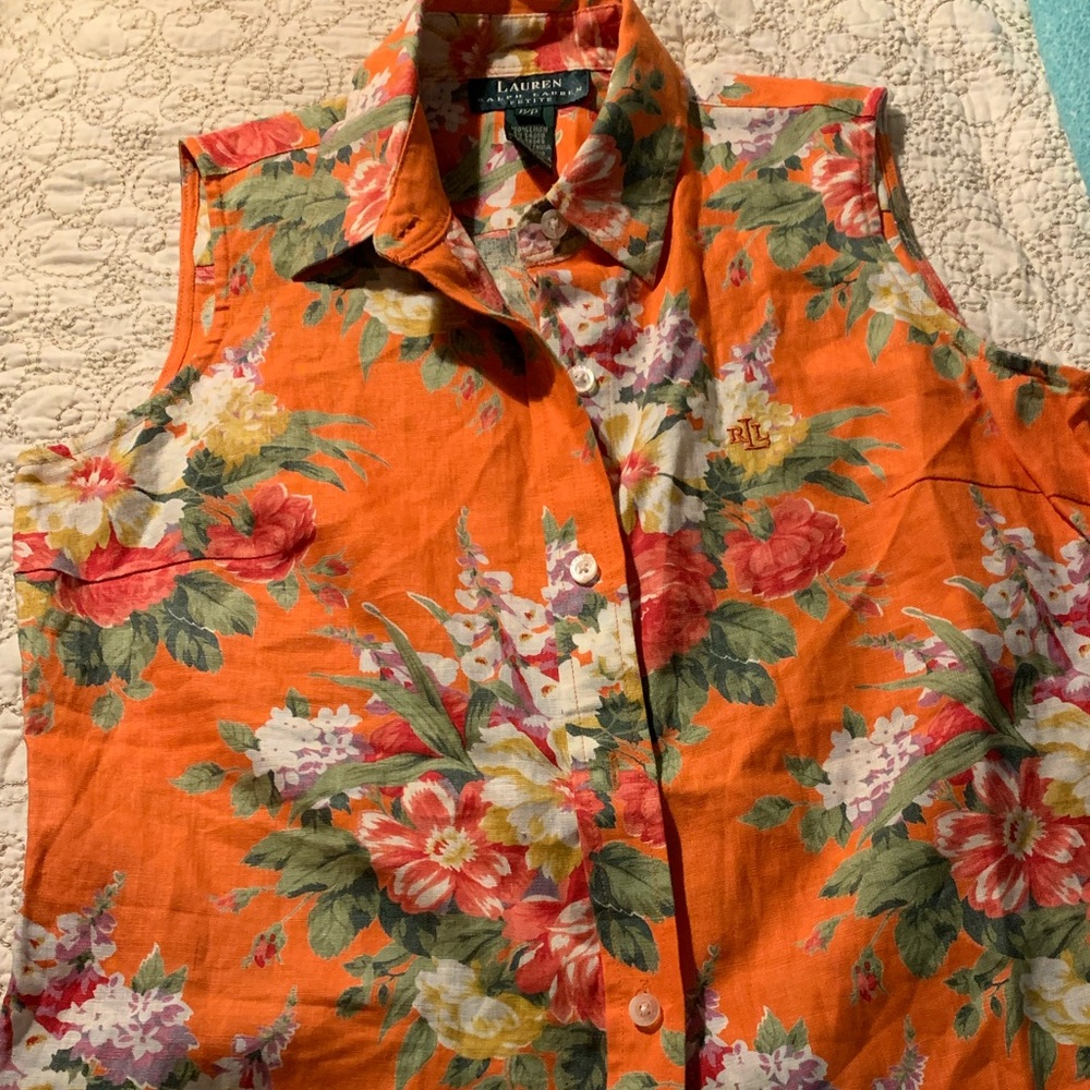 Ralph Lauren Orange Floral Sleeveless Blouse S PS